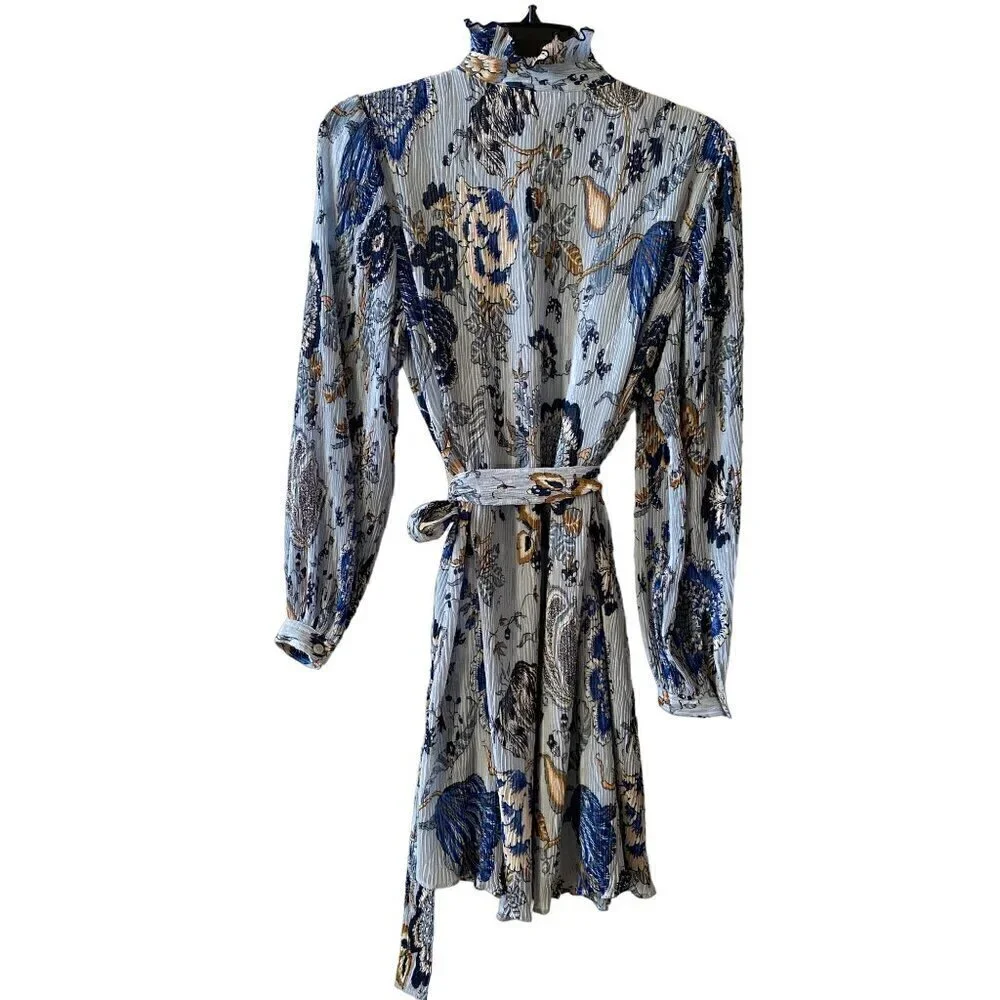 Tory Burch Deneuve Paisley Dress Size 0 Blue Crinkle Floral Ruffle Long Sleeve - Picture 3 of 14